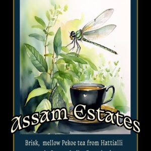 Assam Estates tea label with dragonfly