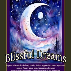 Blissful Dreams herbal tea blend in packaging with calming background
