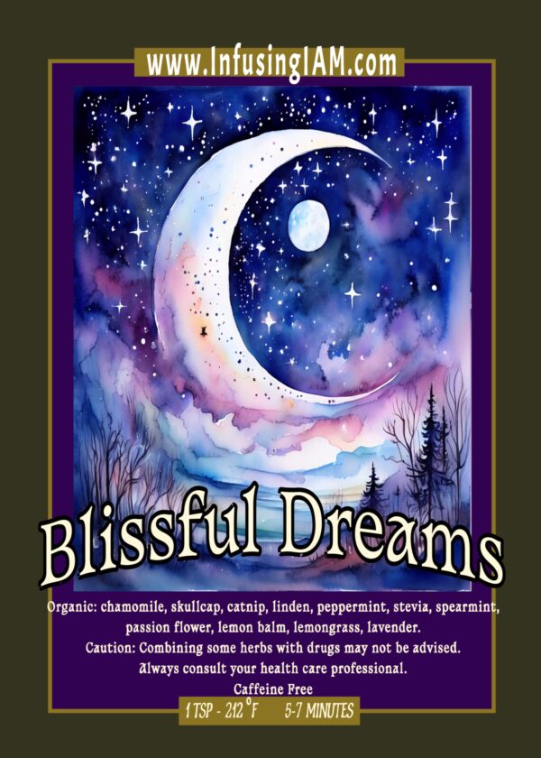 Blissful Dreams herbal tea blend in packaging with calming background