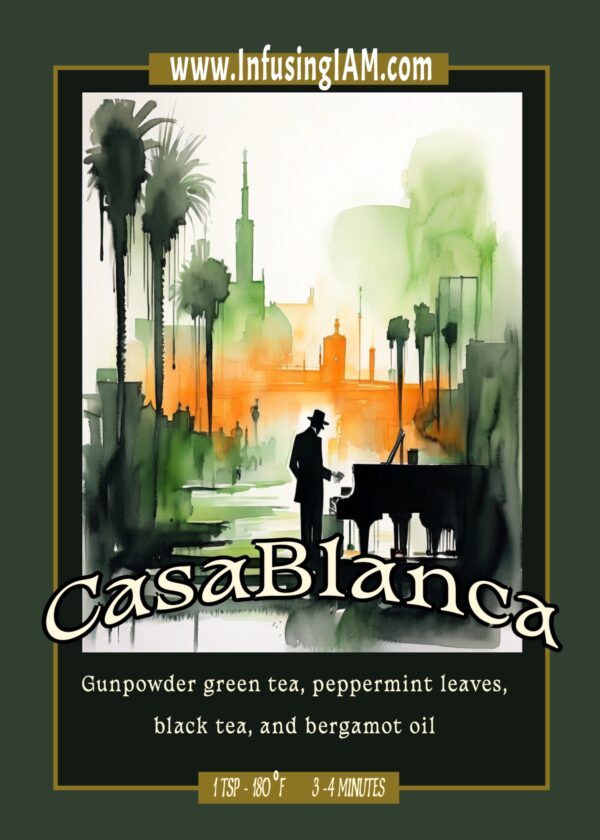 CasaBlanca green tea label with a pianist silhouette