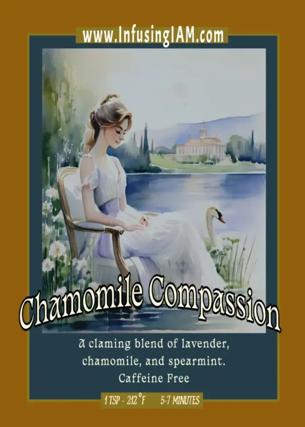 Chamomile Compassion tea promotional flyer with floral theme