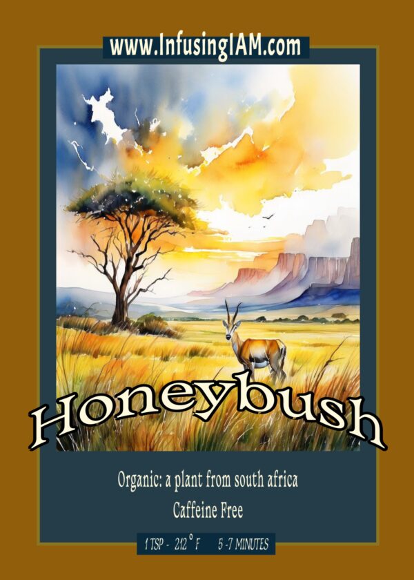 Honeybush herbal tea flyer featuring sweet, smooth flavor notes and calming benefits