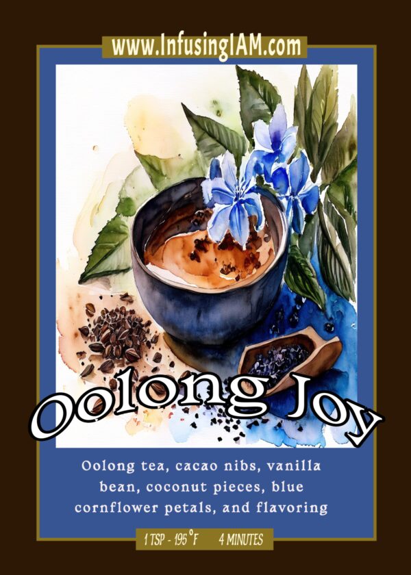 Oolong Joy tea promotional flyer with tasting notes and vibrant design
