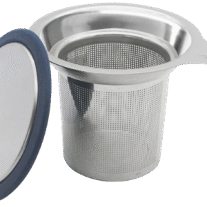 Collection of tea accessories including infusers, spoons, and storage tins on transparent background